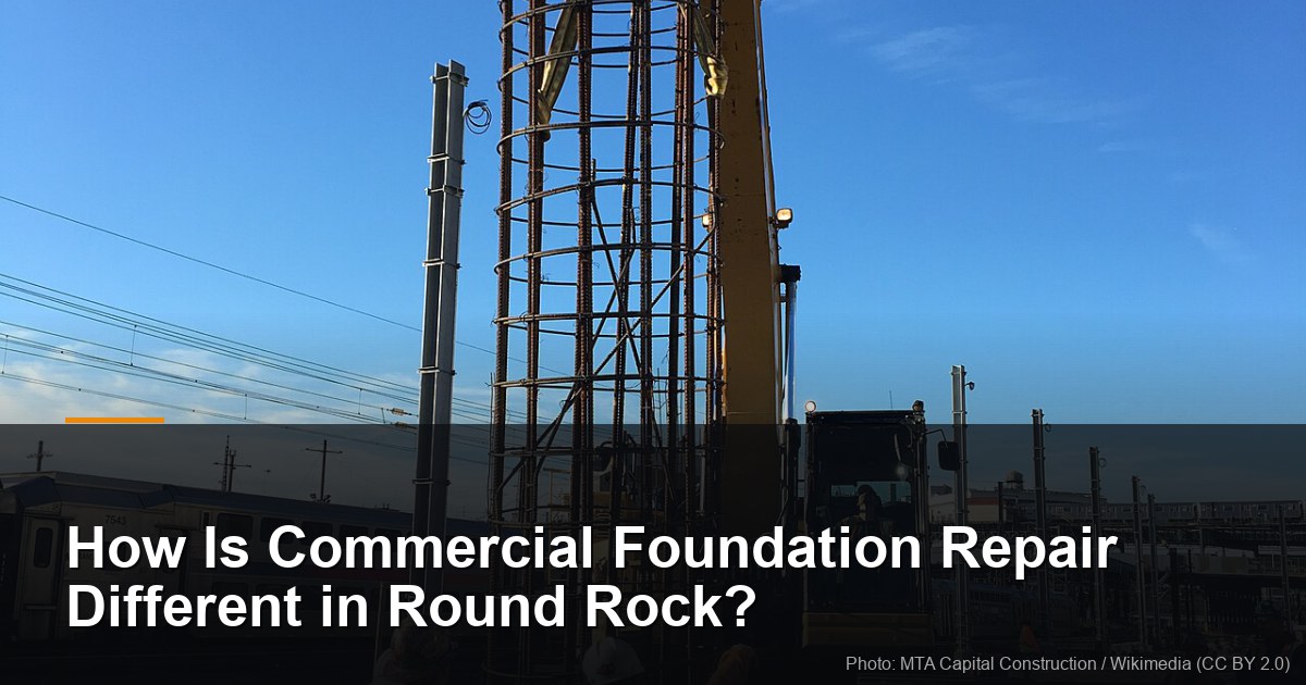 How Is Commercial Foundation Repair Different in Round Rock? 1 Workers guiding a rebar cage onto a foundation site